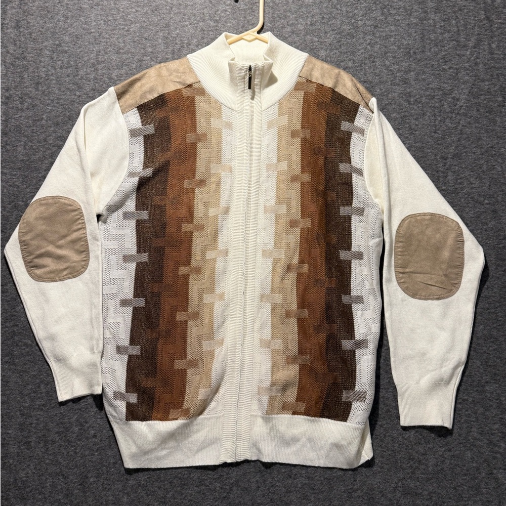 Michael Irvin 88 knit sweater mens XL cream brown full zip pattern retro grandpa